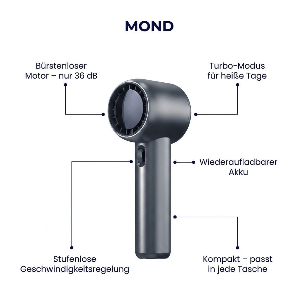 Mond GF02 Handventilator – Vorteile auf einen Blick: leiser Motor, Turbo-Modus, stufenlose Regelung, wiederaufladbarer Akku