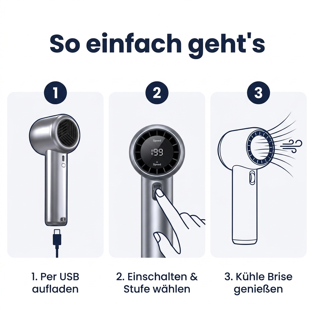 So einfach geht's – Mond GF02 in 3 Schritten: aufladen, einschalten, kühle Brise genießen