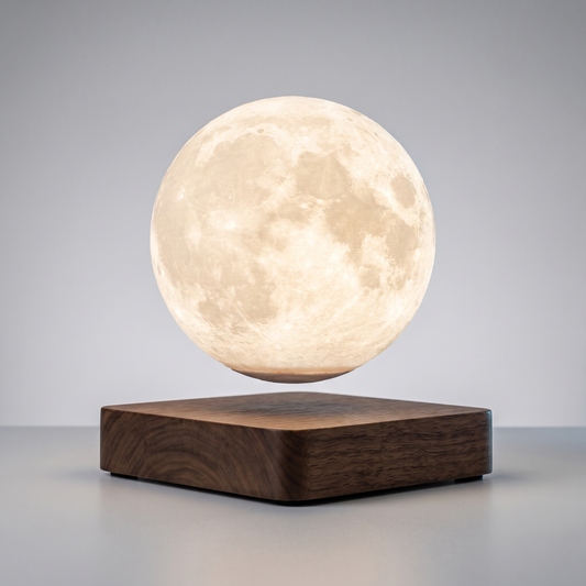 Schwebende Mondlampe von MondVy – Mondkugel schwebt warmweiß leuchtend über einem Holzsockel