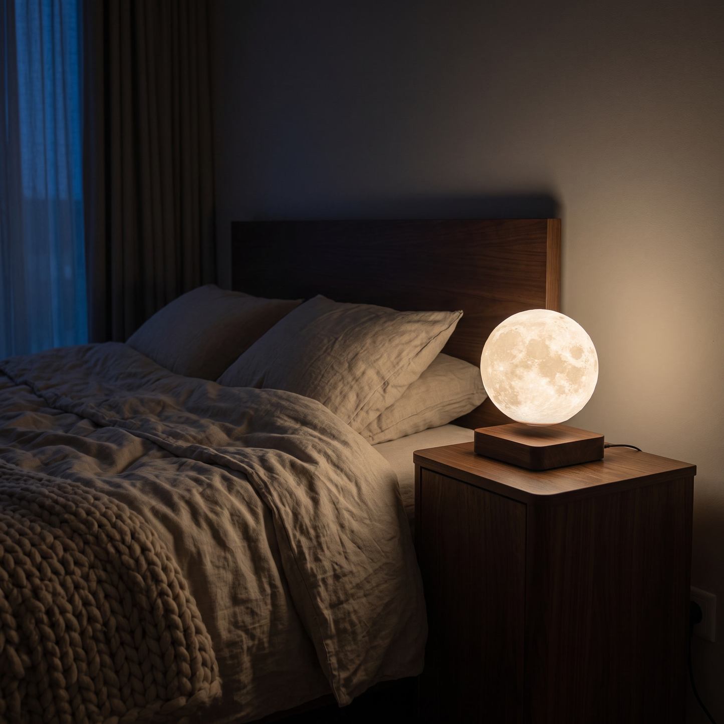 Schwebende Mondlampe auf dem Nachttisch in einem dunklen Schlafzimmer