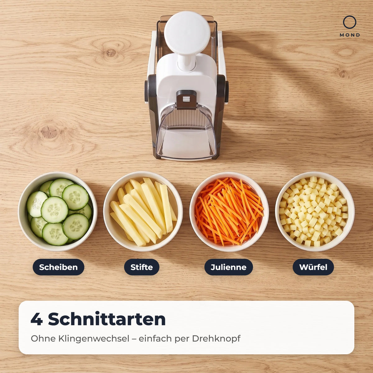 4 Schnittarten: Scheiben, Stifte, Julienne und Würfel – ohne Klingenwechsel
