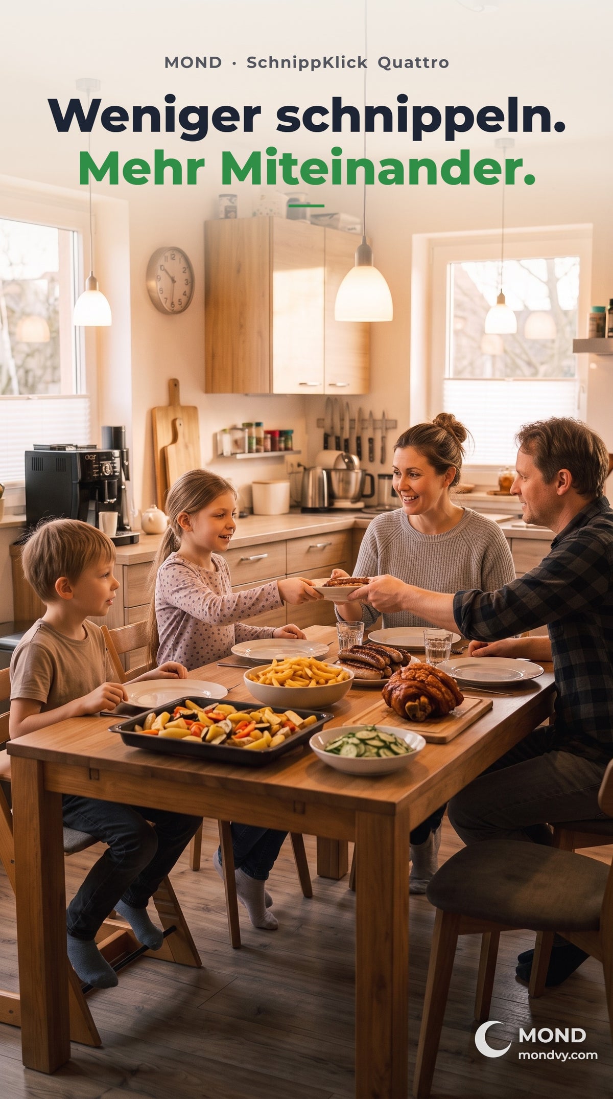 Familie beim gemeinsamen Abendessen – Weniger schnippeln. Mehr Miteinander.