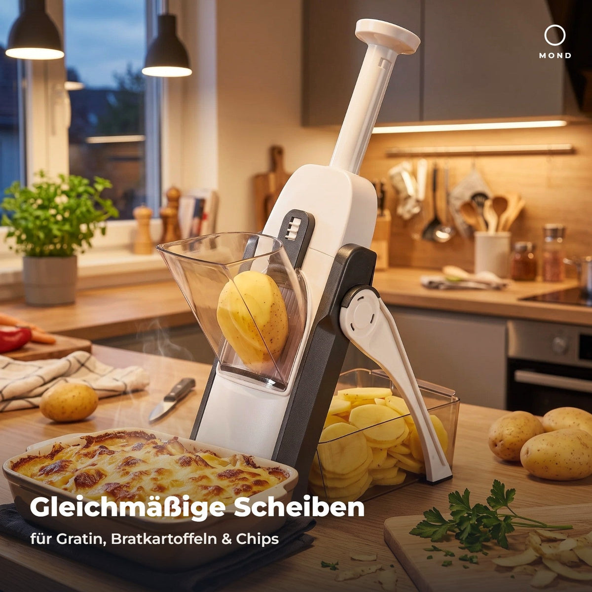 Gleichmäßige Kartoffelscheiben für Gratin und Bratkartoffeln