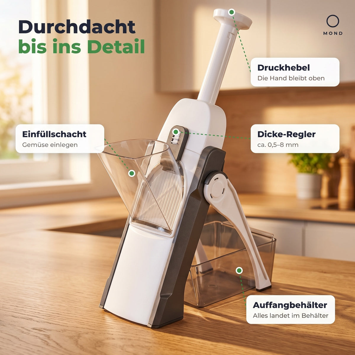 Details: Druckhebel, Dicke-Regler, Einfüllschacht und Auffangbehälter