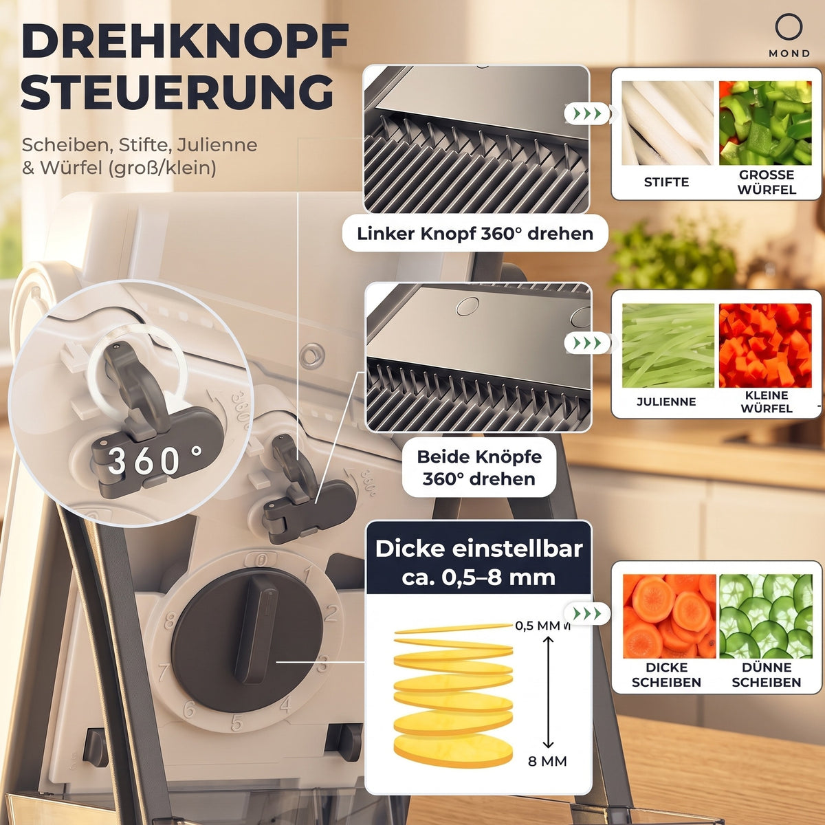 Drehknopf-Steuerung: Scheiben, Stifte, Julienne und Würfel (groß/klein), Dicke ca. 0,5–8 mm