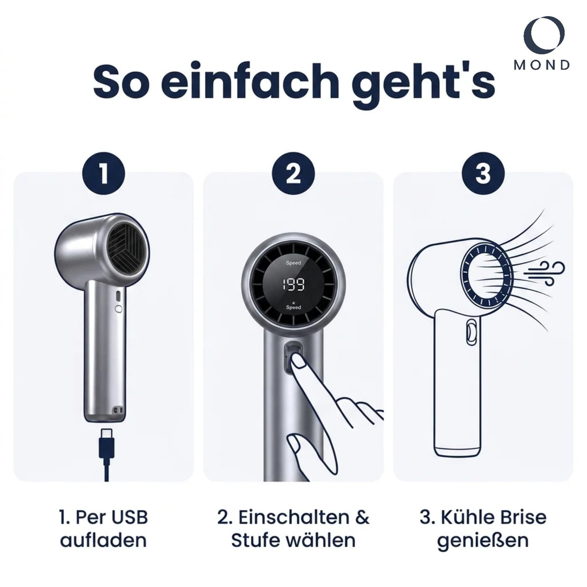 So einfach geht's – MOND WindWusch Turbo in 3 Schritten: aufladen, einschalten, kühle Brise genießen